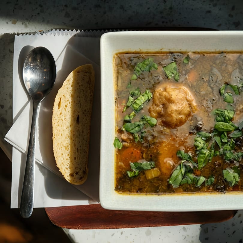 Hearty soup with a matzo ball, vegetables, and fresh basil, served with a slice of bread.