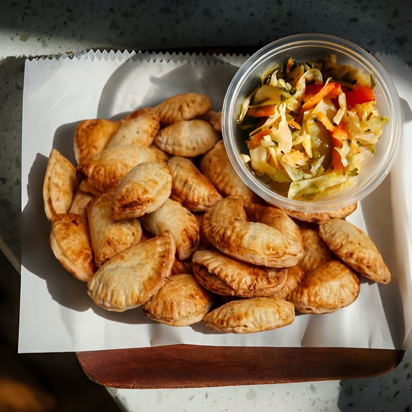 A white paper-lined tray filled with golden-brown empanadas and a side of pickled vegetables.