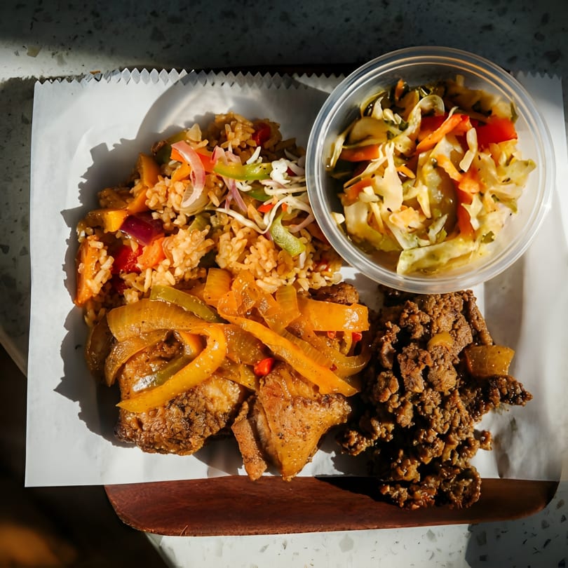 A vibrant Caribbean meal with rice, stewed chicken, ground meat, and pickled vegetables.