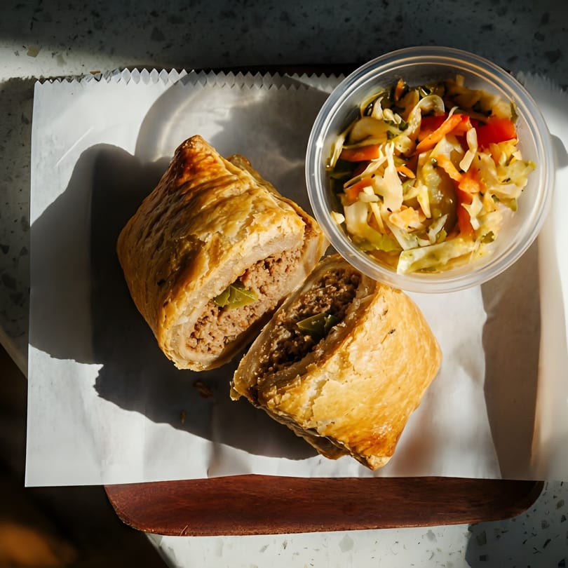 A golden-brown pastry, cut in half to reveal a savory meat filling, next to a side of pickled vegetables.
