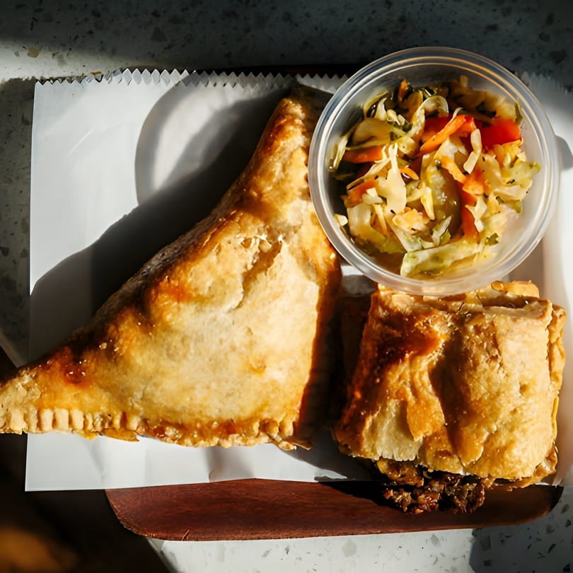 Two golden-brown pastries, one triangular and one square, with a side of pickled vegetables.