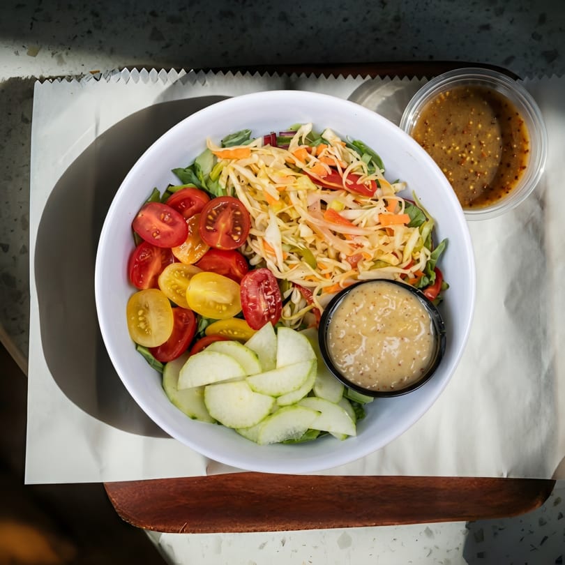 Overhead view of a fresh salad with cherry tomatoes, shredded cabbage, and sliced cucumbers, with dressing.